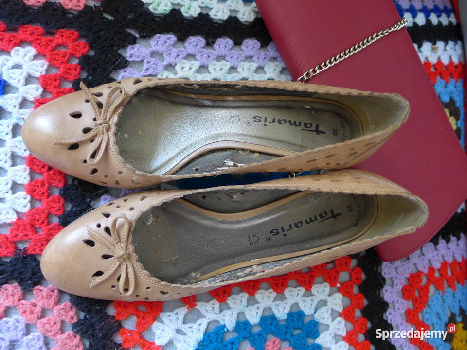 TAMARIS ażurowe czółenka retro skórzane beż nude