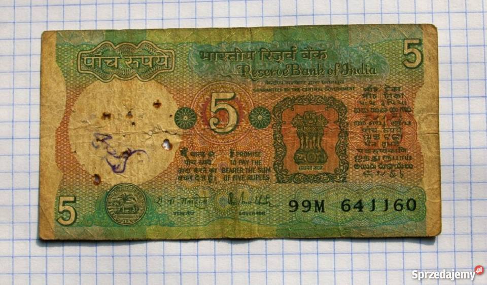 BANKNOT 5 RUPII FIVE RUPEES 1985 INDIA lubelskie Piszczac sprzedam