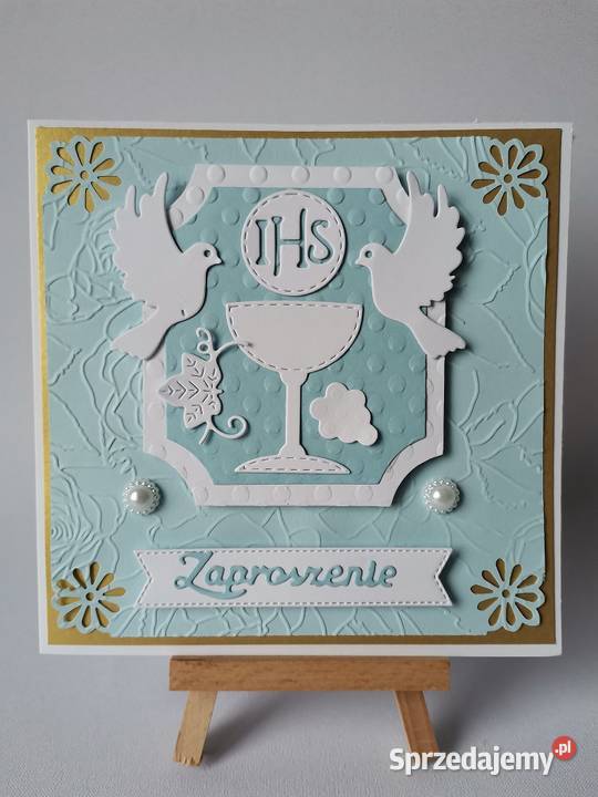 ZAPROSZENIA KOMUNIA CHŁOPIEC KIELICH Z GOŁĘBIAMI Rękodzieło