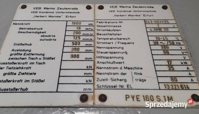 Prasa hydrauliczna WMW PYE 160 S1M 13000000 Krobia sprzedam