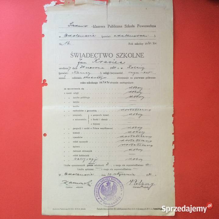 1801 Świadectwo Szkolne Odolanów 4 Krawiec