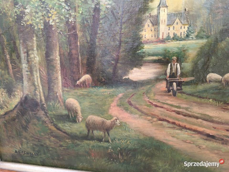 Piękny obraz olejny scena rodzajowa sygnowany Łódź