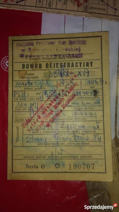 Dowód rejestracyjny kolekcjonerski WSK z 1971 Kłodzko