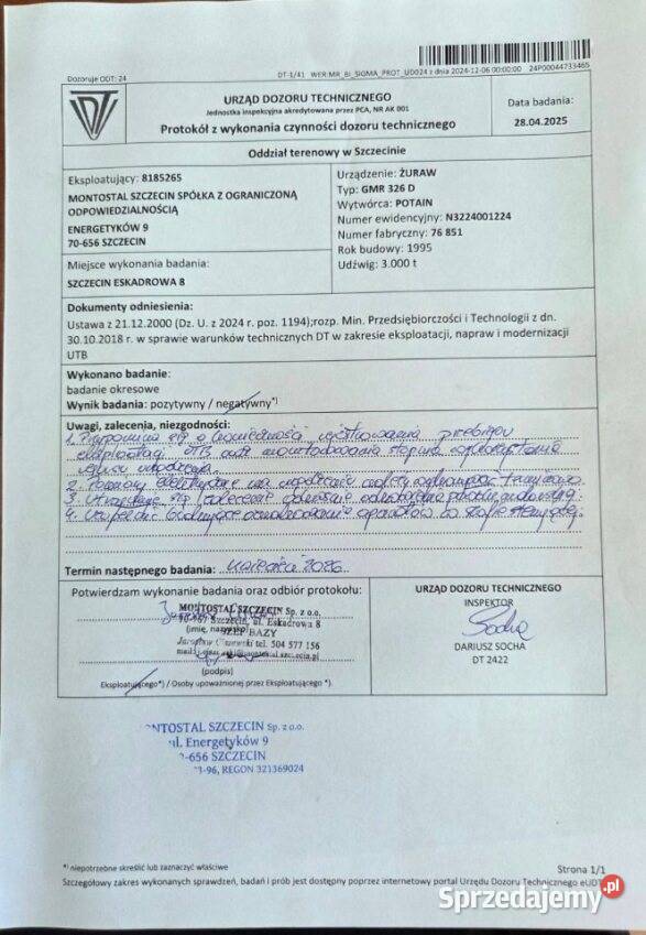 Żuraw POTAIN GMR 362G syndyka obniżonej Pozostałe Szczecin