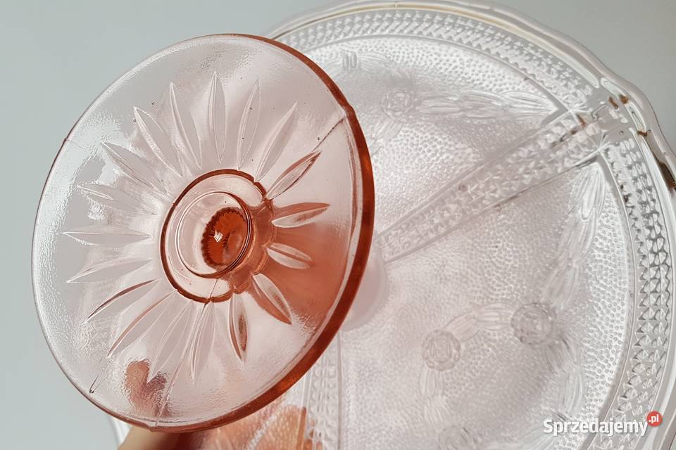 Tortownica Wieńce Ząbkowice kolorowe szkło PRL Porcelana i szkło