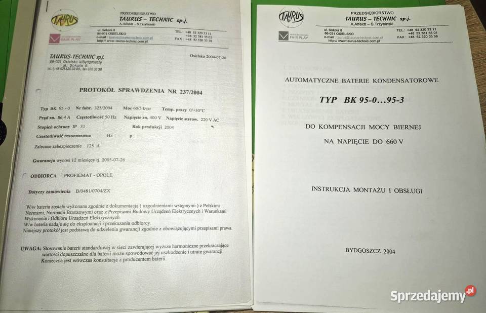 Bateria kondensatorów 60 kvar TAURUS BK950 Kamień Śląski sprzedam
