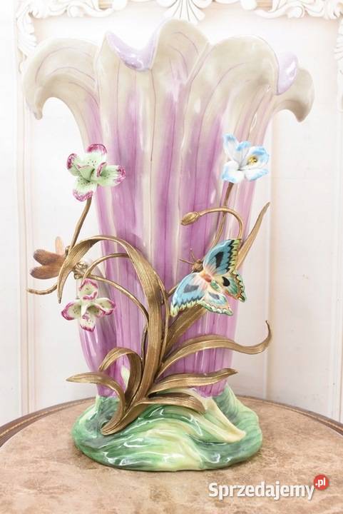 Porcelanowy Fioletowy Wazon Ważki Motyle Kwiaty Kraków