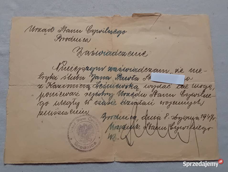 Urząd Stanu Cywilnego Brodnica 1947 r Odmowa