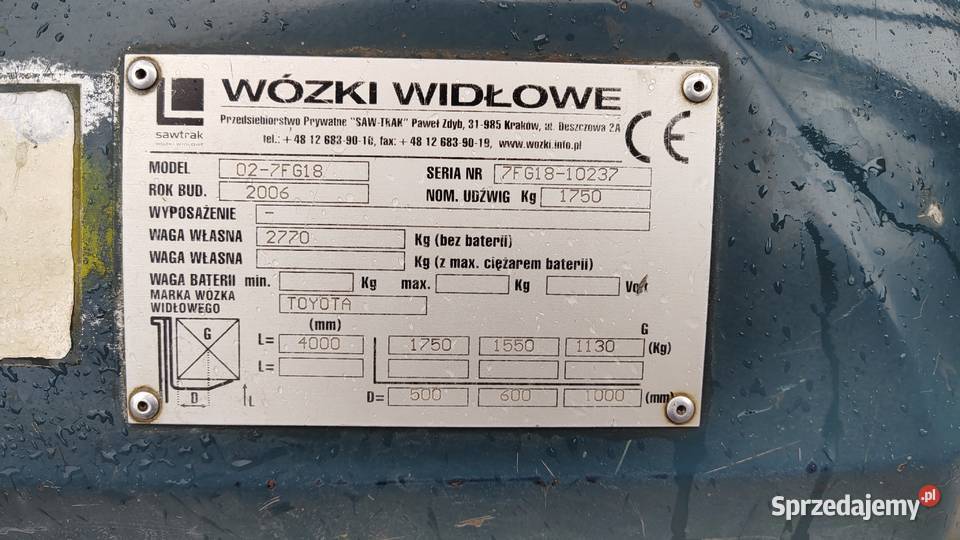 Wózek widłowy Toyota 7FG18 2006 UDT Toyota małopolskie Kraków sprzedam