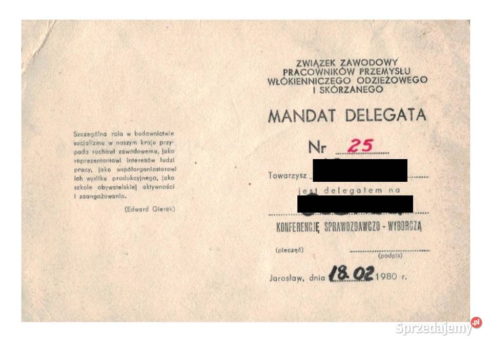 Mandat delegata związek zawodowy Jarosław 1980 podkarpackie sprzedam