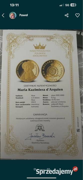 Złota moneta z serii słynne polskie królowe Warszawa