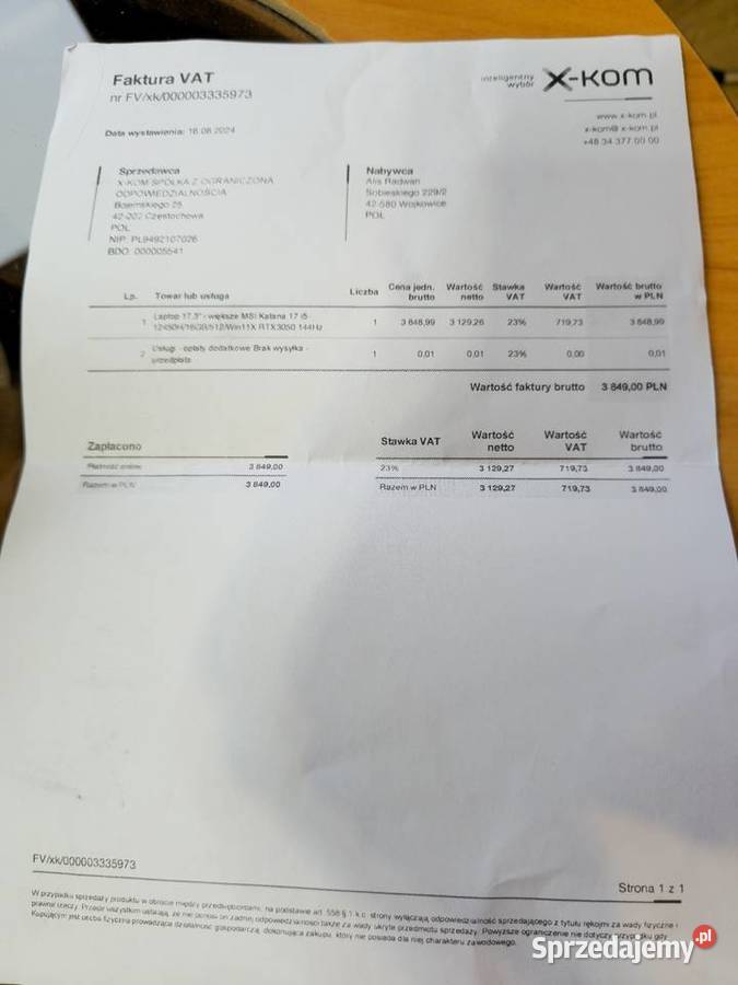 Laptop 173 MSI Katana 17 i5 12450h 16gb 512 małopolskie Przytkowice