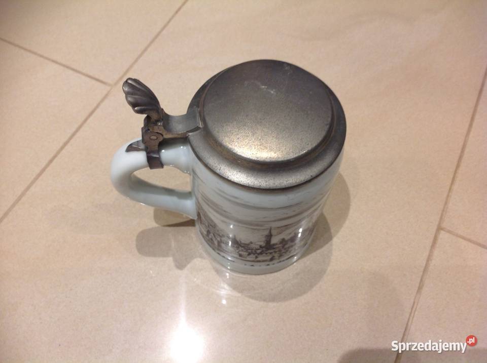 Stary Porcelanowy Kufel do Piwa z cynową klapką Nowa Sól