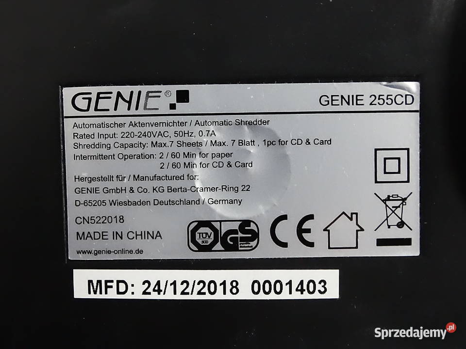 Niszczarka do dokumentów i kart Genie 255CD