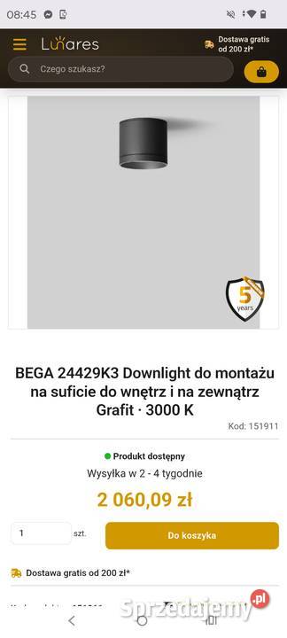 BEGA 24429k3 Downlight do montażu na suficie do Starogard Gdański