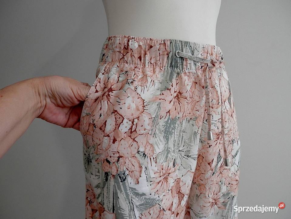 Spodnie Lniane Len Bawełna Białe Kwiaty biały Moda i Styl Łomża