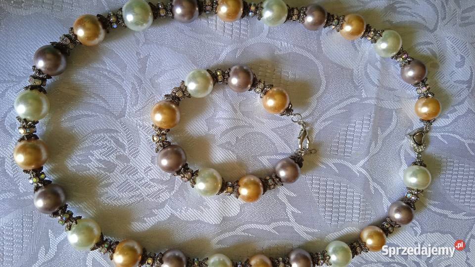 PIĘKNA PERŁOWA BIŻUTERIA NASZYJNIK I BRANSOLETA wielkopolskie Piła