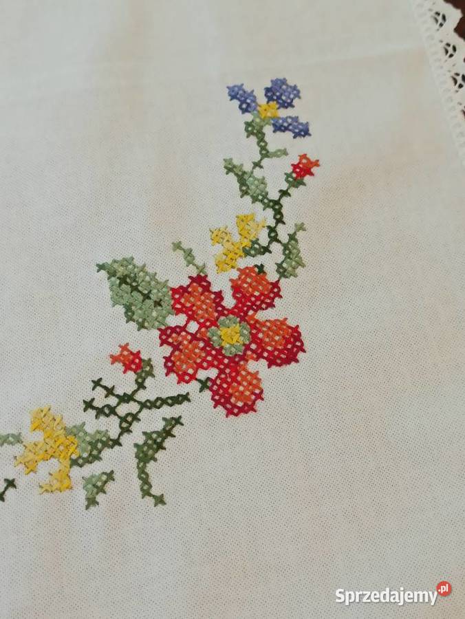 Wyjątkowy bieżnik obrus Kwiaty polne Rękodzieło mazowieckie Skierdy
