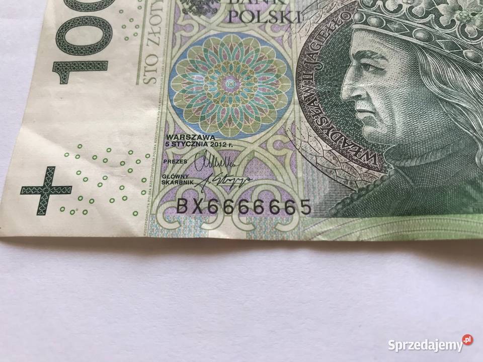 Banknot 100 o numerze BX6666665 opolskie