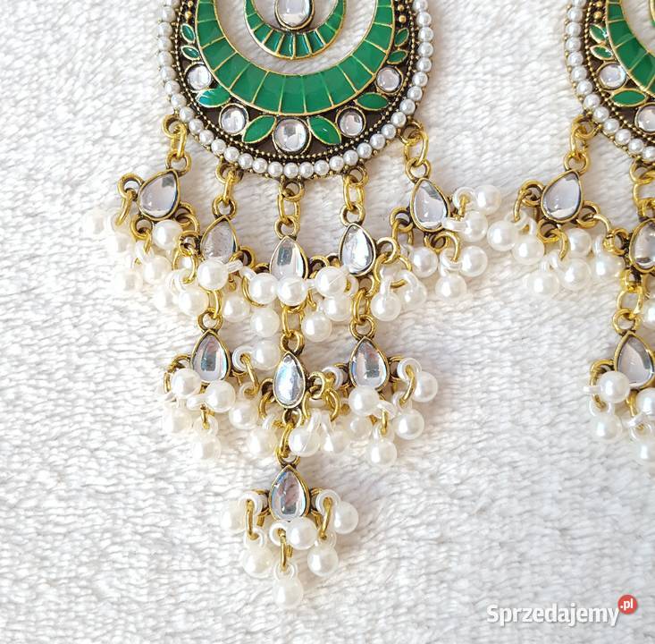 Długie kolczyki zielony złoty kolor indyjskie Szczecin sprzedam