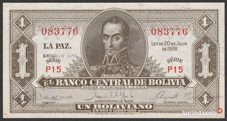BOLIWIA 1 BOLIVIANO 19281952 STAN BANKOWY UNC Numizmatyka Łódź sprzedam