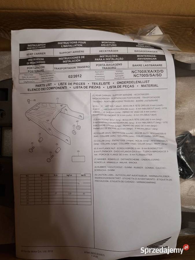 Stelaż na kufer Honda NC700 87941MGSD300 Wyszków