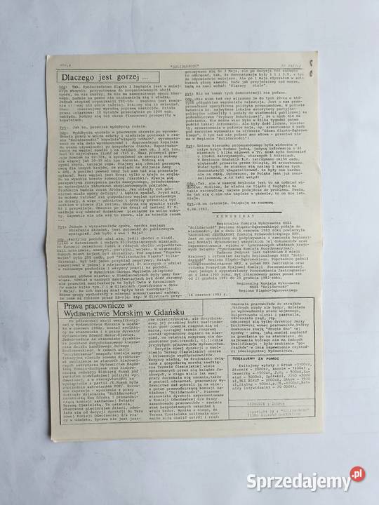 Pismo MKZ NSZZ Solidarność z siedzibą w Gdańsku Gdynia sprzedam
