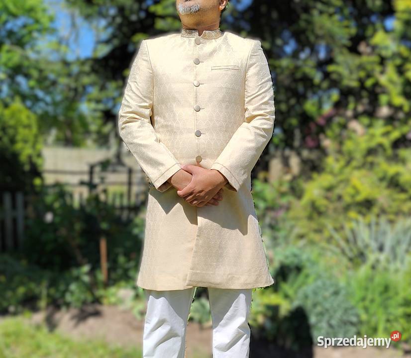 Elegancki indyjski sherwani achkan kremowy haft