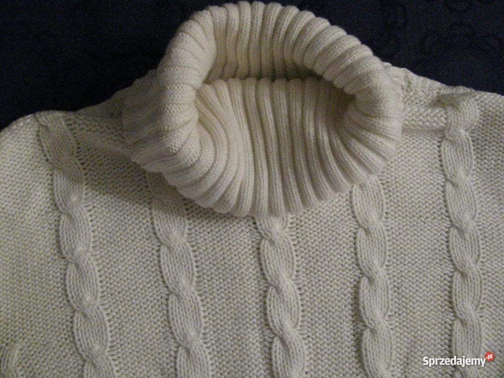 Biały sweter z golfem ścieg warkocz 100 bawełny Warszawa
