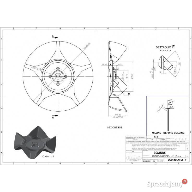 Talerz zębaty 440 mm 4 otworowy grubość 5 mm typ Kamionna
