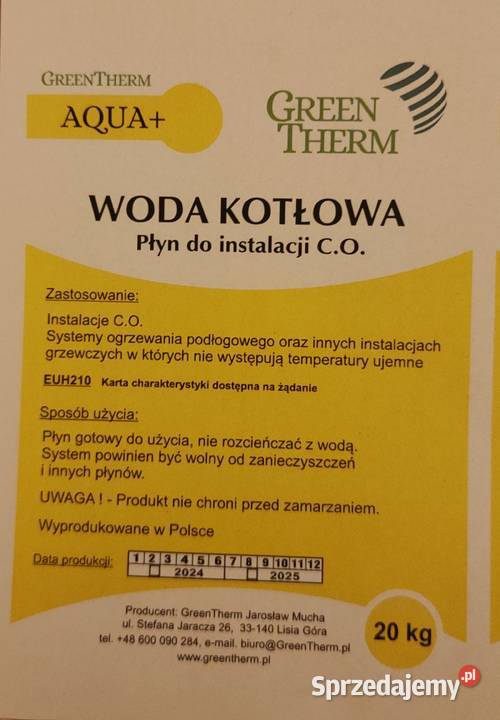 Woda kotłowa GreenTherm AQUA 20 Tarnów sprzedam