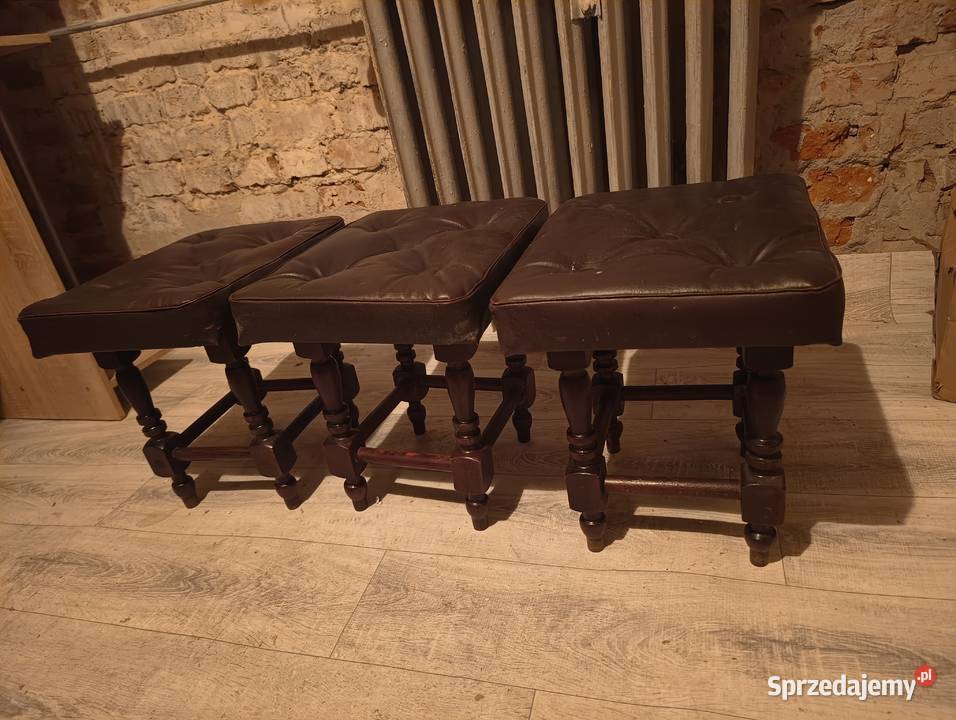 3 Taboret pufa krzesło z obiciem skórzanym PRL 31cm Będzin