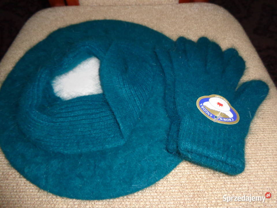 nowy beret z angory turkusowy plus rękawiczki Poznań