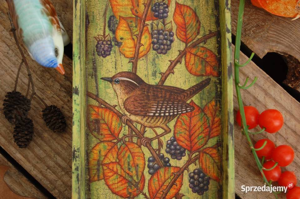 Drewniana tacka malowana ptak strzyżyk jeżyny Dekoracje i ozdoby Lublin