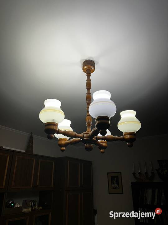 Żyrandol drewniany pięcioramienny PRL Plewiska sprzedam