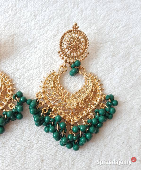 Duże kolczyki złoty kolor zielone koraliki Szczecin