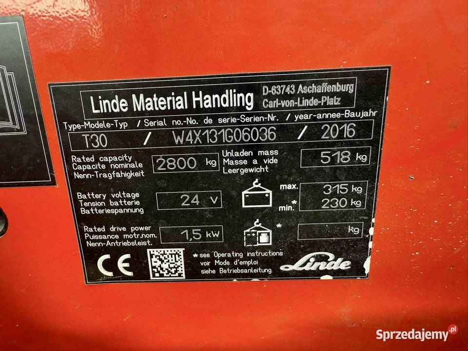 Linde T30 paleciak elektryczny widły 180 2016r elektryczny Konin