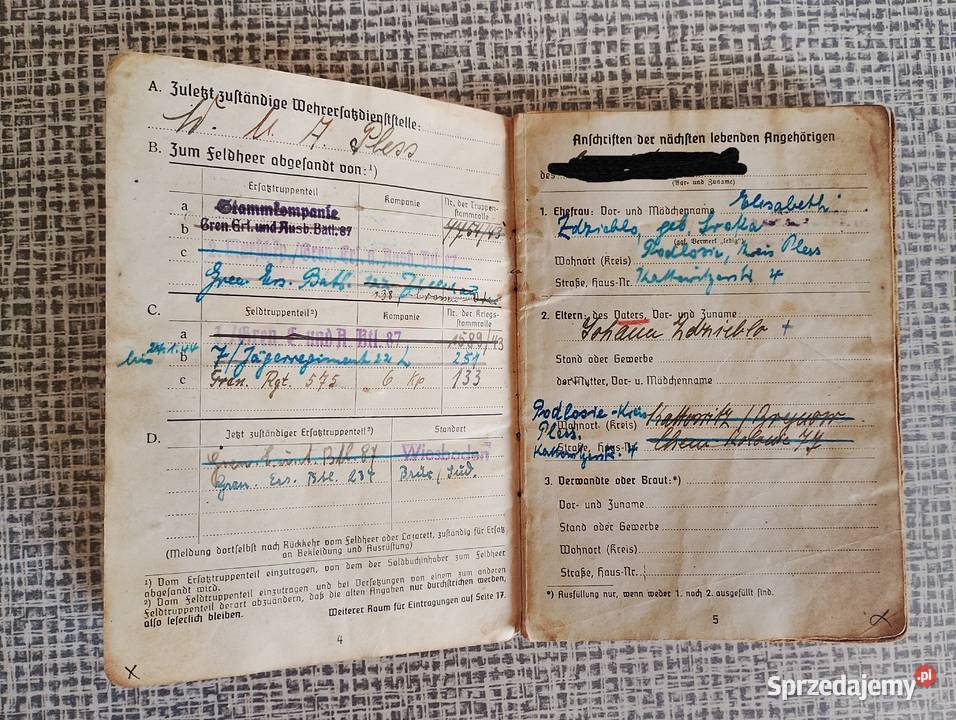 Oryginalny SOLDBUCH ks wojskowa Rzesza Wehrmacht Katowice