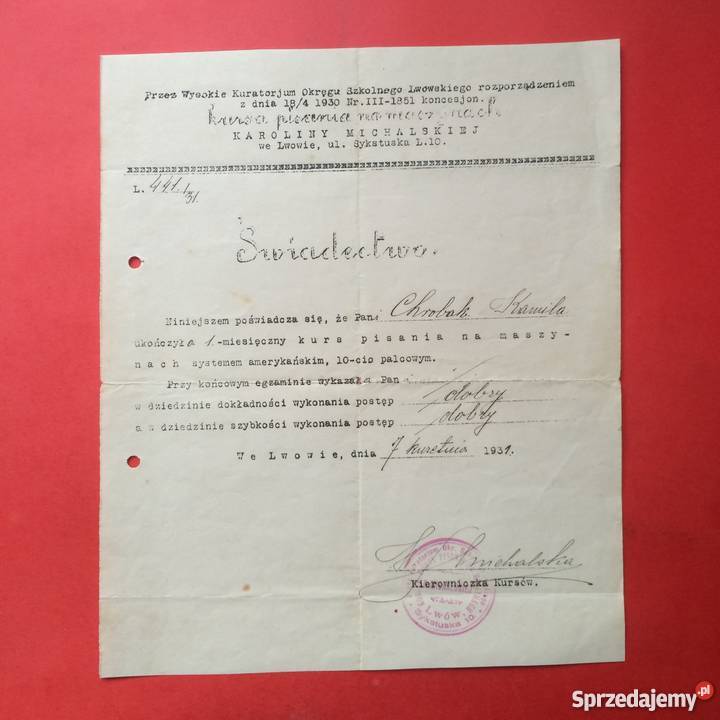 784 Lwów Świadectwo Ukończenia Kursu Chrobak Szczecin