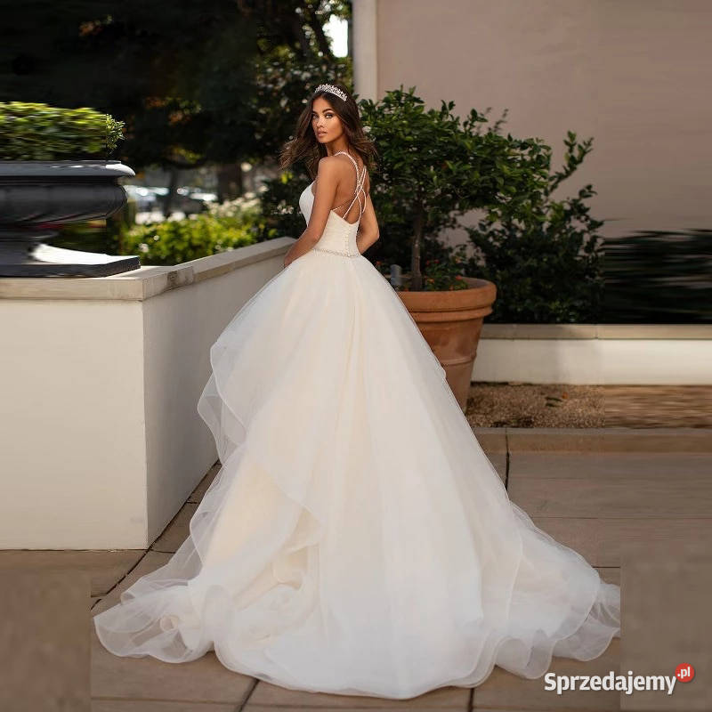 Suknia ślubna z falbanami perełki 36 S 38 M 40 L Jelenia Góra