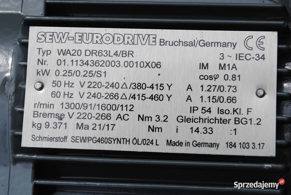 Motoreduktor kątowy 025kw 91obr z hamulcem firmy Kargowa