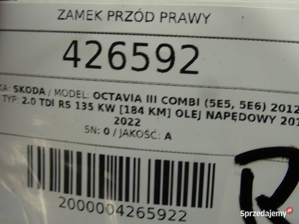 ZAMEK PRZÓD PRAWY SKODA OCTAVIA III Kombi podkarpackie