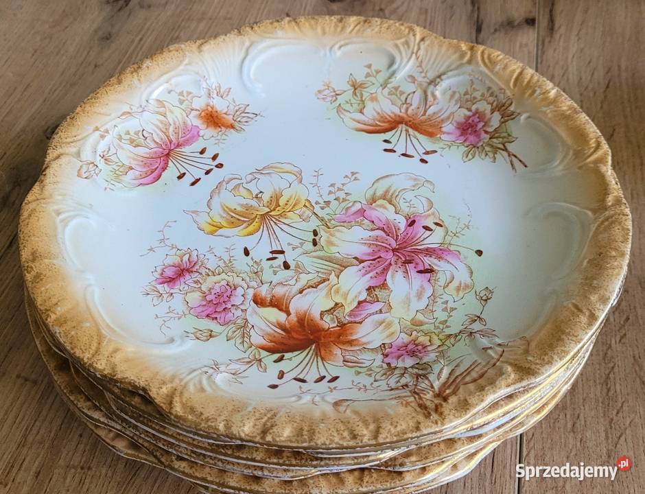 Zabytkowy zestaw talerzy ręcznie malowane lilie Kraków
