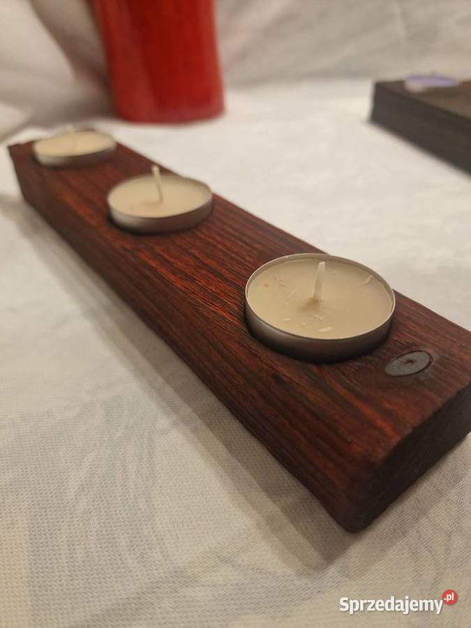Świecznik świerkowy opalany Shou Sugi Ban czerwony Sępopol sprzedam