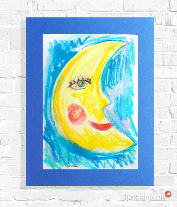 rysunek z księżycem, księżyc obraz dla dzieci akwarela bajka