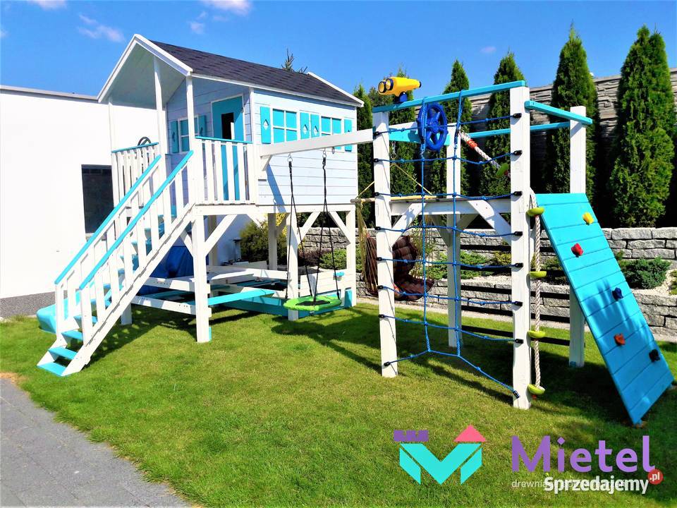 Wyjątkowy domek drewniany pełny zestaw błękitny Stopnica