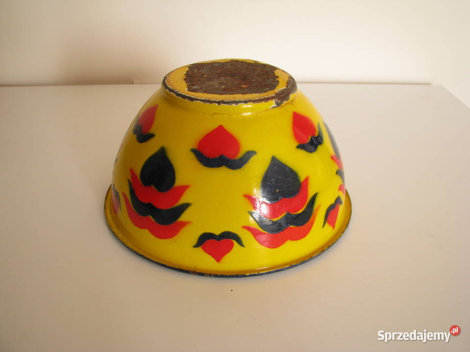 Piękna stara metalowa emaliowana na żółto miska małopolskie Brzegi
