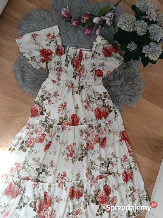 Letnia sukienka L 40 kremowa w kwiaty Spódnice i sukienki