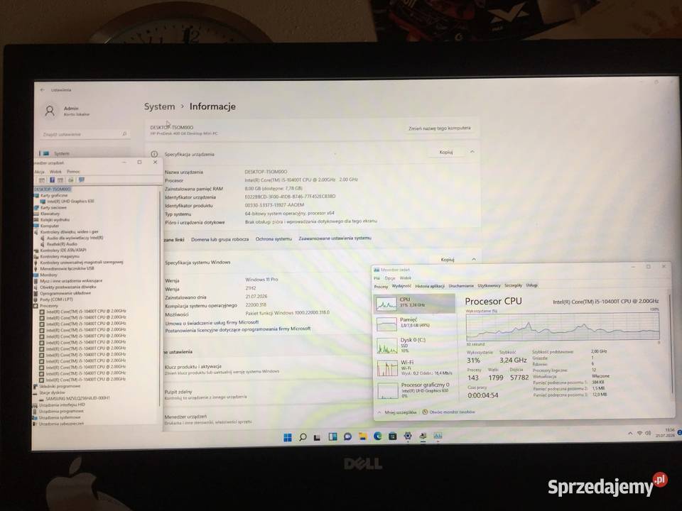 HP Prodesk 400 G6 i510400T 6 rdzeni 360GHz 8GB Warszawa