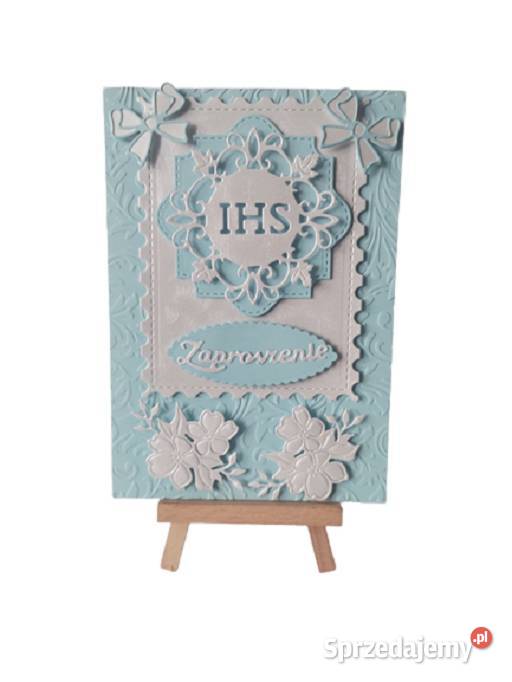 ZAPROSZENIA KOMUNIA CHŁOPIEC IHS W RAMCE KOKARDY Rękodzieło Poznań